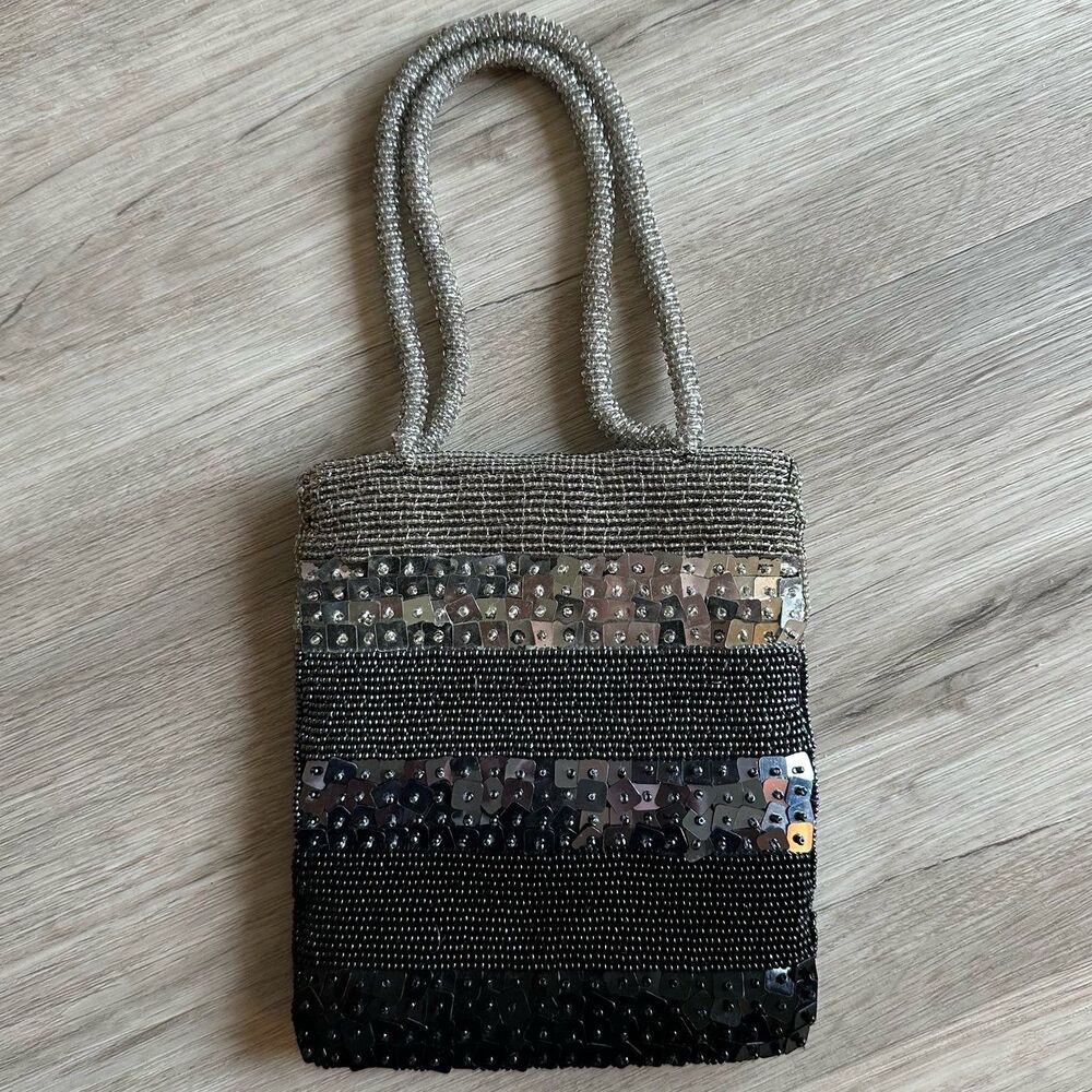 Fancy Square Sequin & Seed Beaded Handbag Shiny Black Gray Silver Satin Lining - Picture 2 of 6
